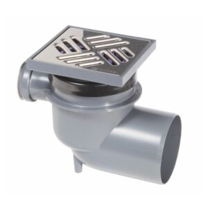 EDT UNIVA floor/roof and balcony drain 138x138mm stainless steel cover with 110mm horizontal outlet and side inlet.